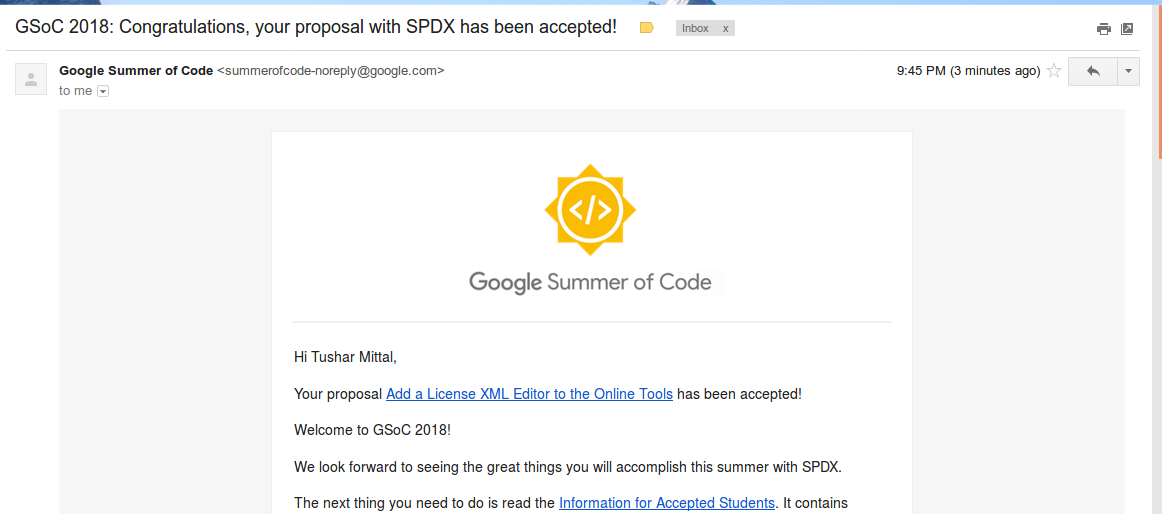 google summer of code with spdx acceptance mail